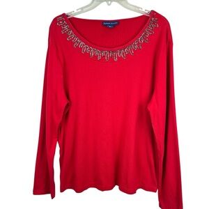 Karen Scott Red Holiday Bling Long Sleeve Scoop Neck Tee Size XL 🔥